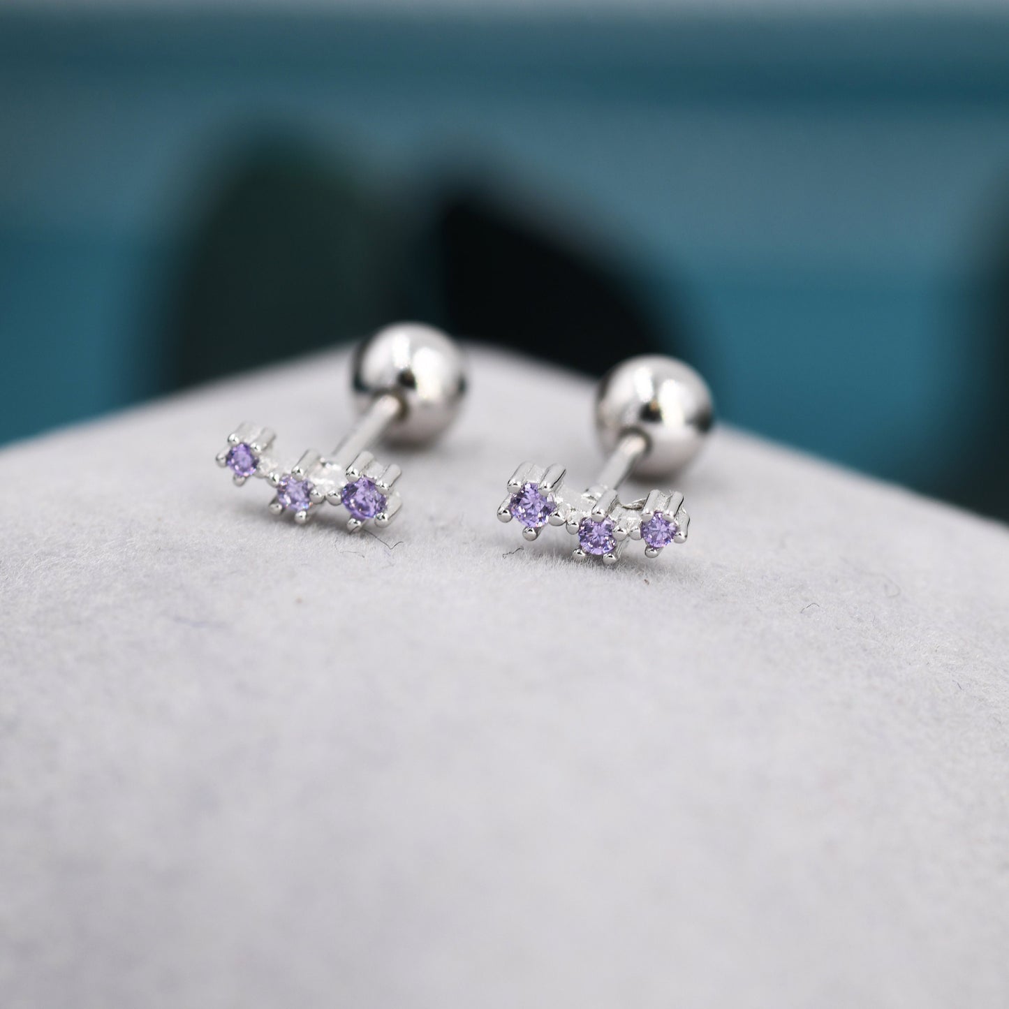 Tiny Amethyst Purple CZ Trio Screw Back Earrings in Sterling Silver, Silver or Gold, Tiny Three Star CZ Barbell Earrings, Stacking Earrings