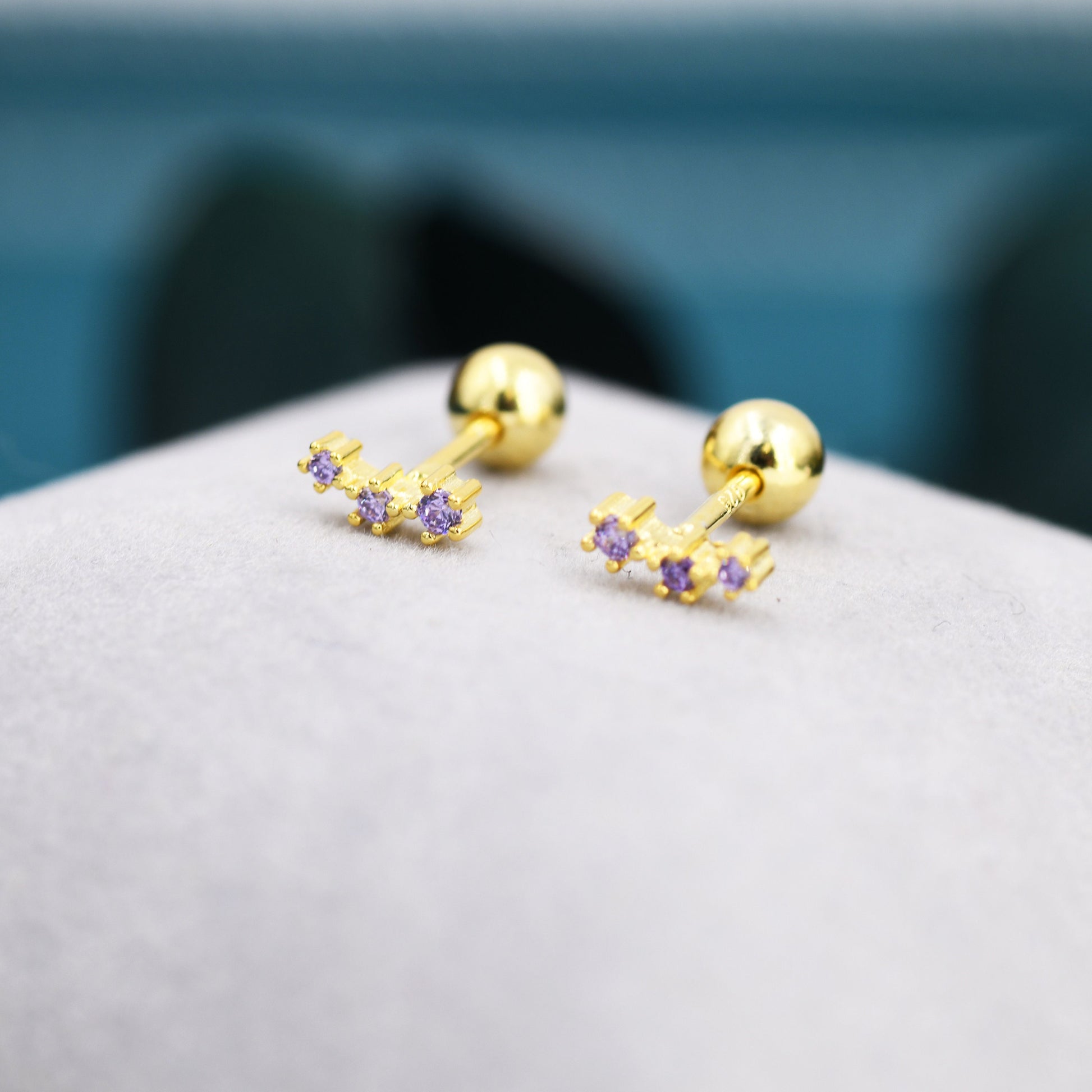 Tiny Amethyst Purple CZ Trio Screw Back Earrings in Sterling Silver, Silver or Gold, Tiny Three Star CZ Barbell Earrings, Stacking Earrings