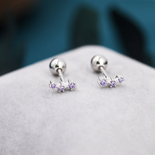 Tiny Amethyst Purple CZ Trio Screw Back Earrings in Sterling Silver, Silver or Gold, Tiny Three Star CZ Barbell Earrings, Stacking Earrings