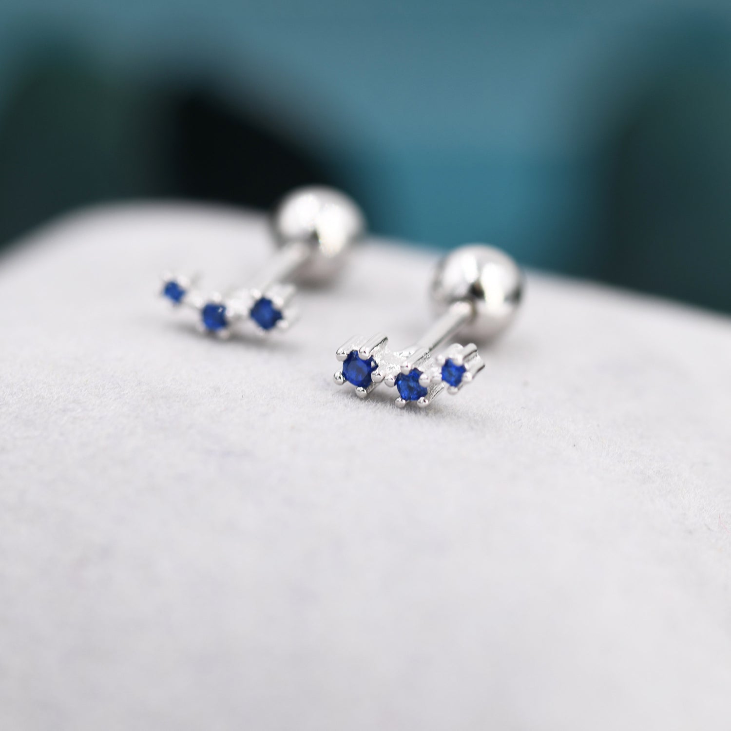 Tiny Sapphire Blue CZ Trio Screw Back Earrings in Sterling Silver, Silver or Gold, Tiny Three Star CZ Barbell Earrings, Stacking Earrings