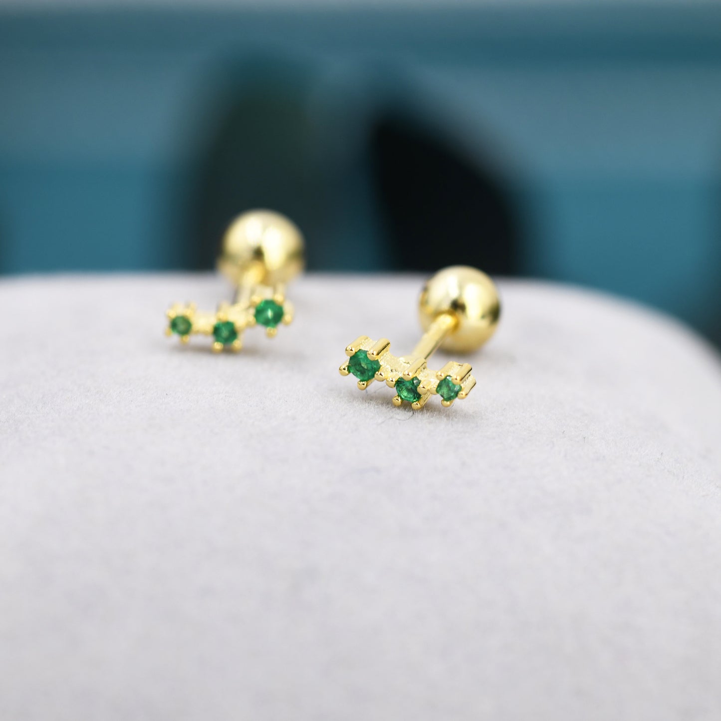 Tiny Emerald Green CZ Trio Screw Back Earrings in Sterling Silver, Silver or Gold, Tiny Three Star CZ Barbell Earrings, Stacking Earrings