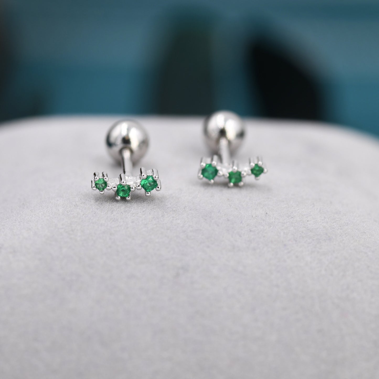 Tiny Emerald Green CZ Trio Screw Back Earrings in Sterling Silver, Silver or Gold, Tiny Three Star CZ Barbell Earrings, Stacking Earrings