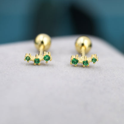 Tiny Emerald Green CZ Trio Screw Back Earrings in Sterling Silver, Silver or Gold, Tiny Three Star CZ Barbell Earrings, Stacking Earrings