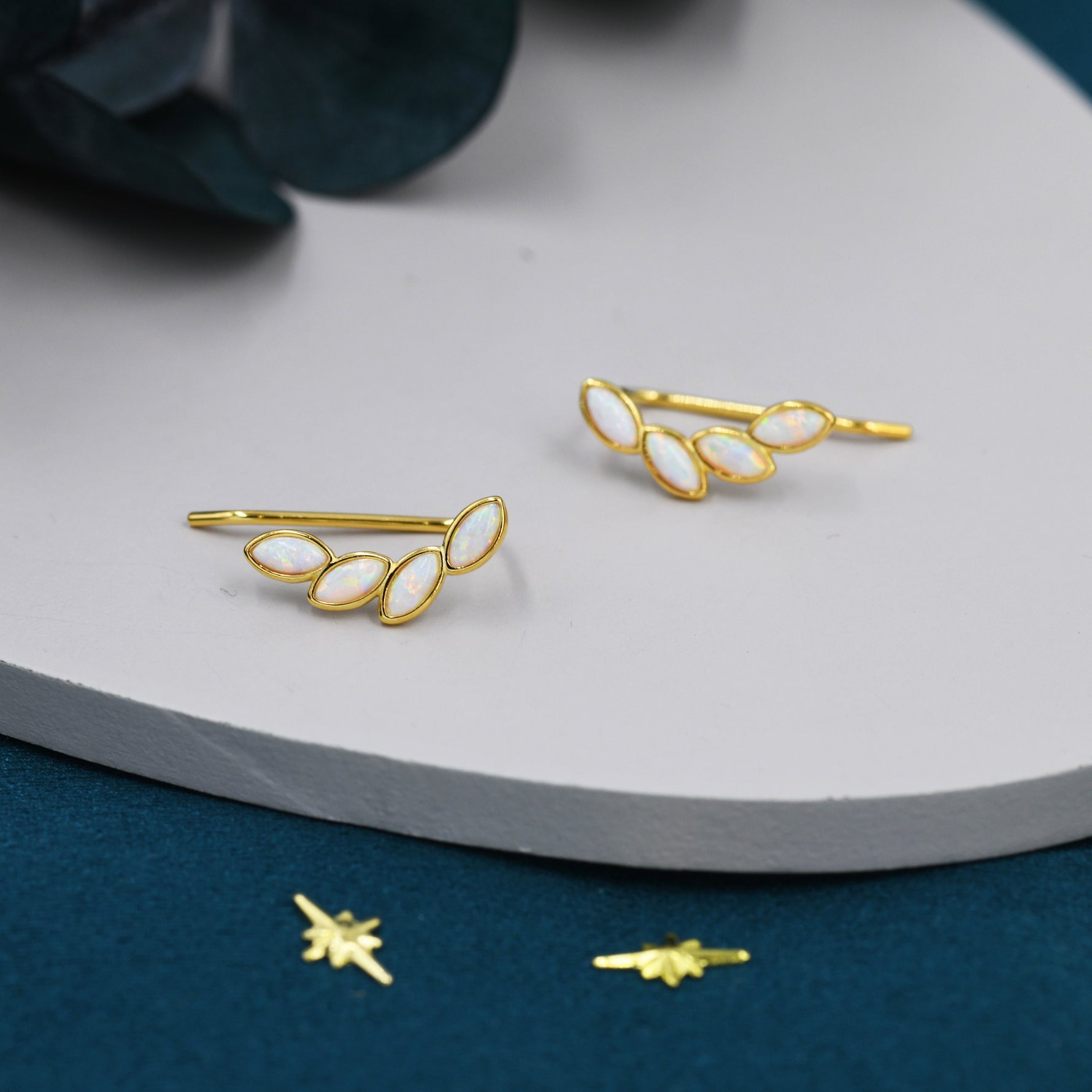 White Opal Marquise Crawler Earrings in Sterling Silver, Marquise Cluster Ear Climbers, Silver, Gold or Rose Gold, Lab Opal Earrings