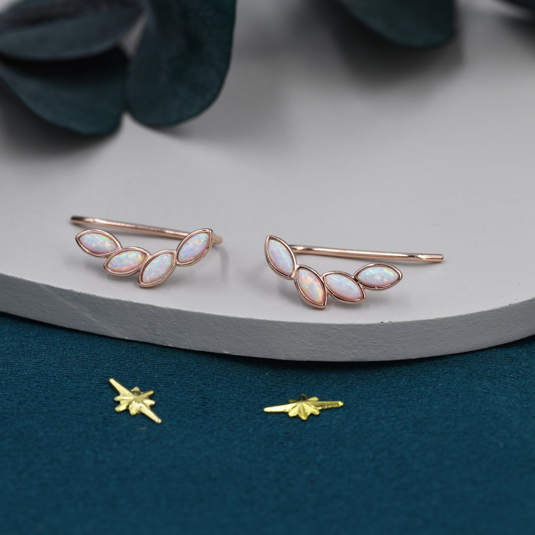White Opal Marquise Crawler Earrings in Sterling Silver, Marquise Cluster Ear Climbers, Silver, Gold or Rose Gold, Lab Opal Earrings