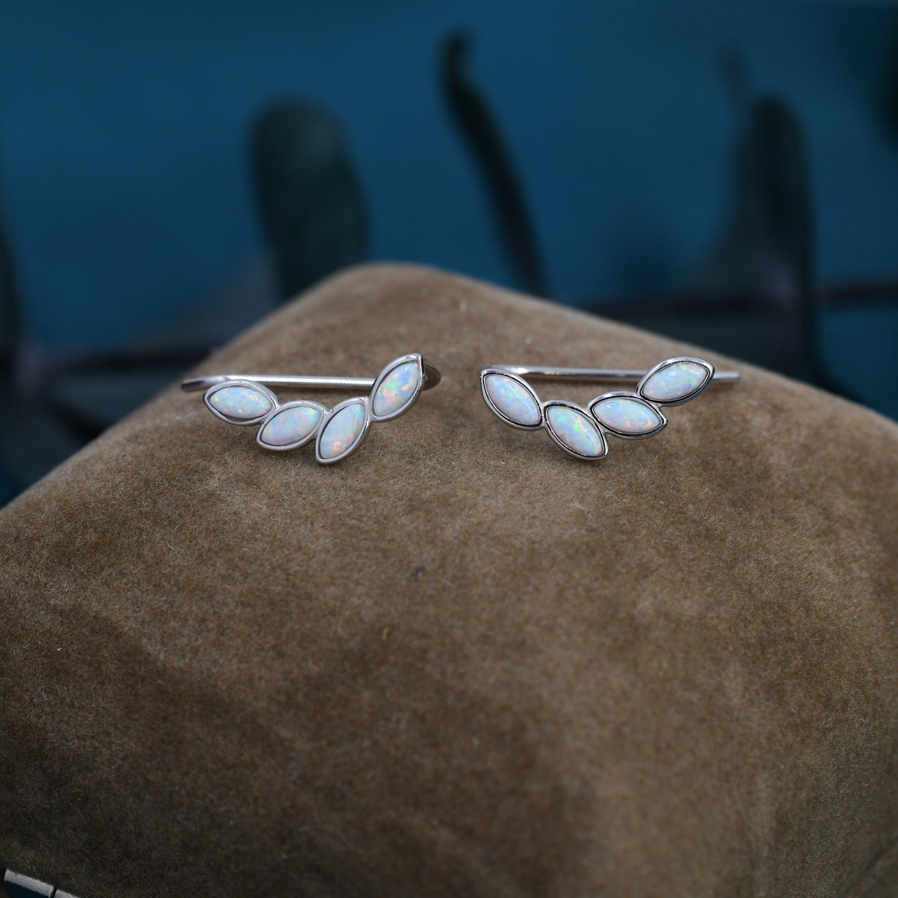 White Opal Marquise Crawler Earrings in Sterling Silver, Marquise Cluster Ear Climbers, Silver, Gold or Rose Gold, Lab Opal Earrings