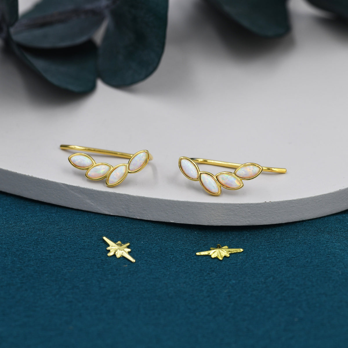 White Opal Marquise Crawler Earrings in Sterling Silver, Marquise Cluster Ear Climbers, Silver, Gold or Rose Gold, Lab Opal Earrings