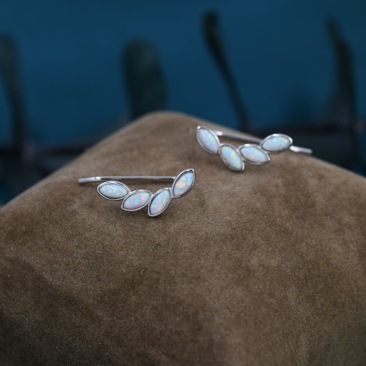 White Opal Marquise Crawler Earrings in Sterling Silver, Marquise Cluster Ear Climbers, Silver, Gold or Rose Gold, Lab Opal Earrings