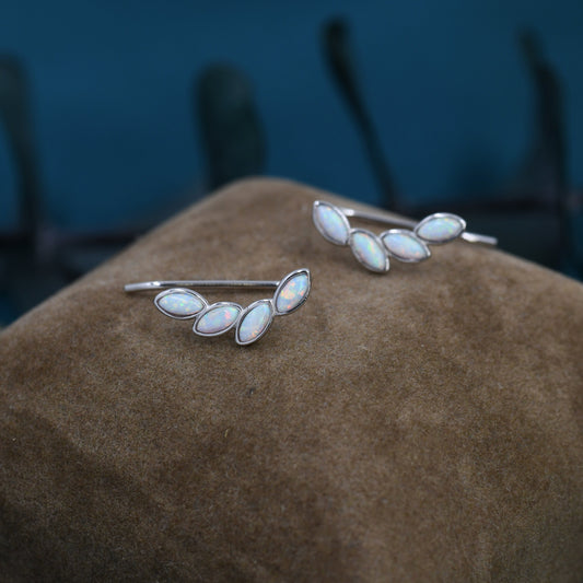 White Opal Marquise Crawler Earrings in Sterling Silver, Marquise Cluster Ear Climbers, Silver, Gold or Rose Gold, Lab Opal Earrings