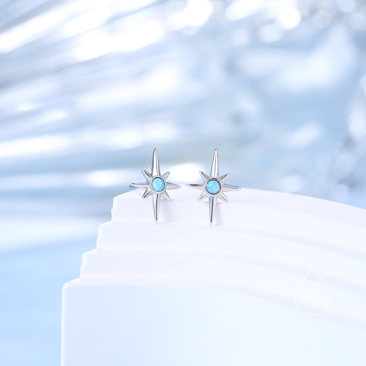 Opal Starburst Stud Earrings in Sterling Silver, North Star Earrings with Blue Opal, Silver or Gold, Sunburst Earrings
