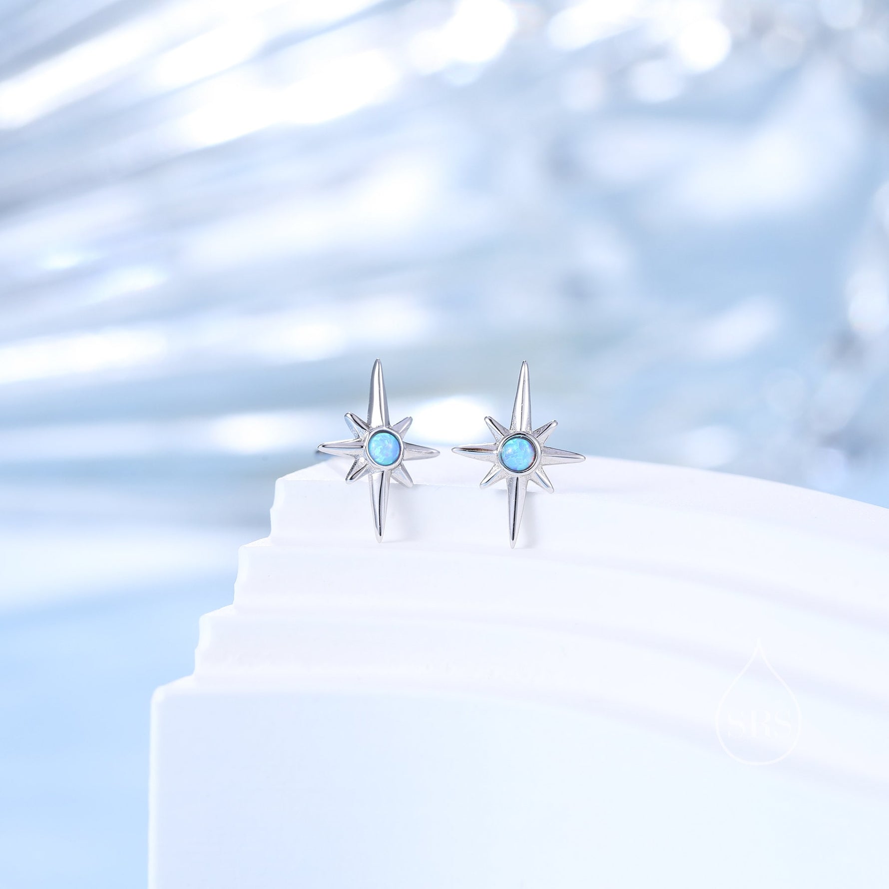 Opal Starburst Stud Earrings in Sterling Silver, North Star Earrings with Blue Opal, Silver or Gold, Sunburst Earrings