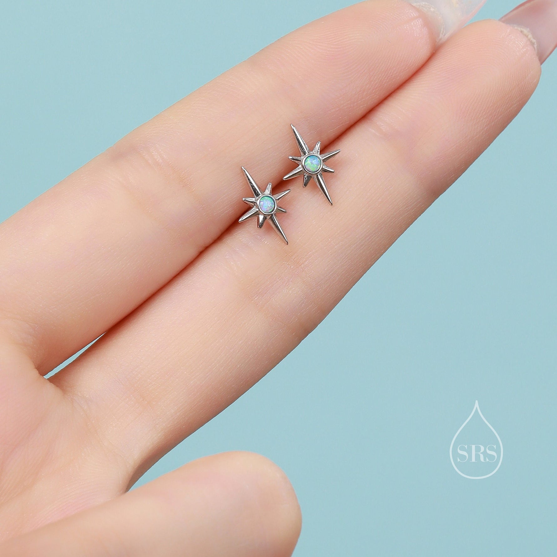 Opal Starburst Stud Earrings in Sterling Silver, North Star Earrings with Blue Opal, Silver or Gold, Sunburst Earrings