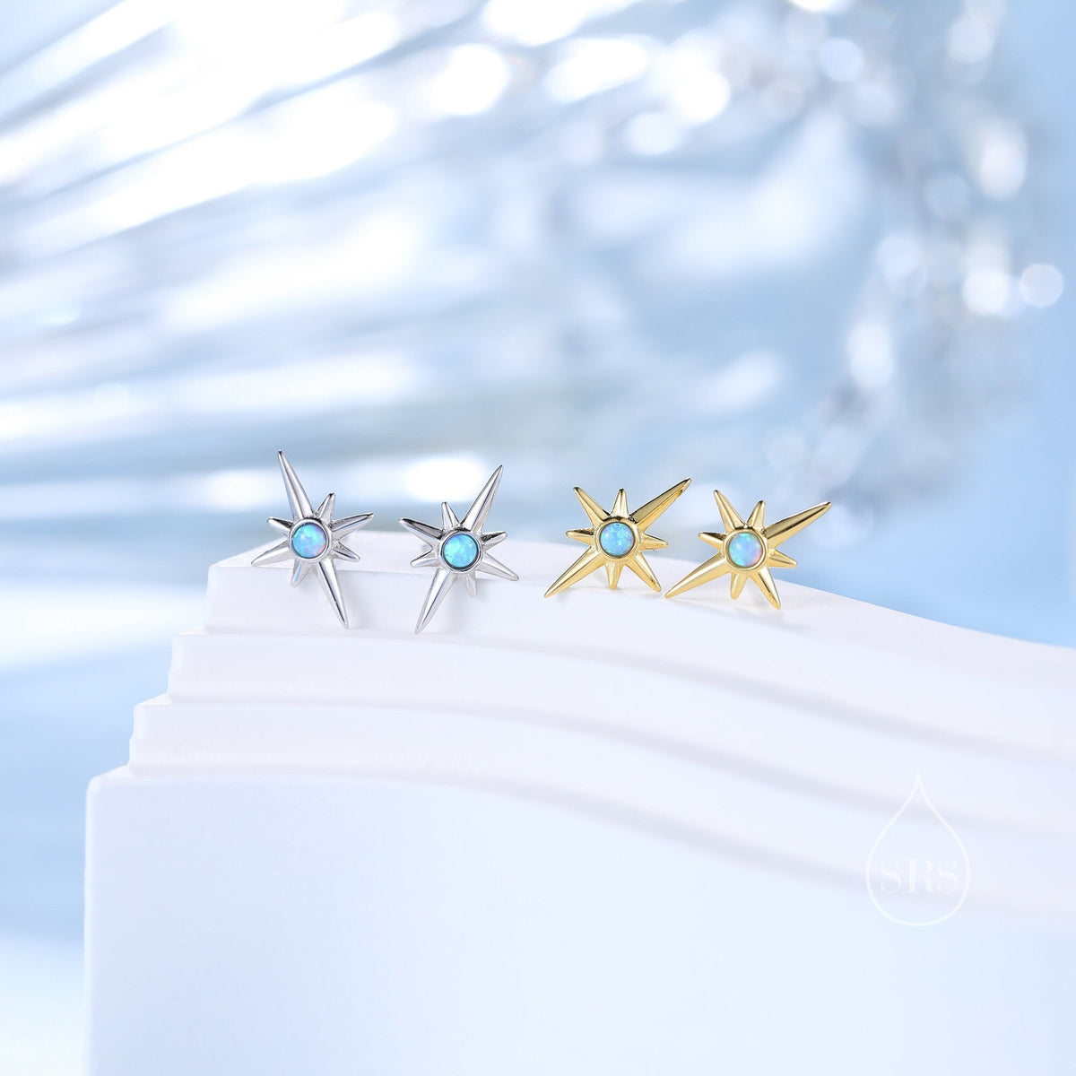 Opal Starburst Stud Earrings in Sterling Silver, North Star Earrings with Blue Opal, Silver or Gold, Sunburst Earrings