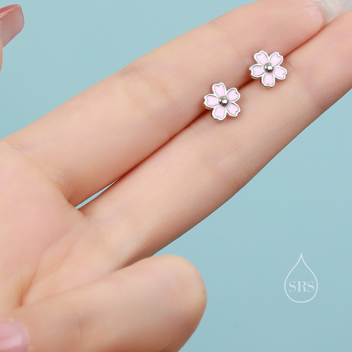 Enamel Cherry Blossom Stud Earrings in Sterling Silver, Pink Cherry Blossom Flower Earrings