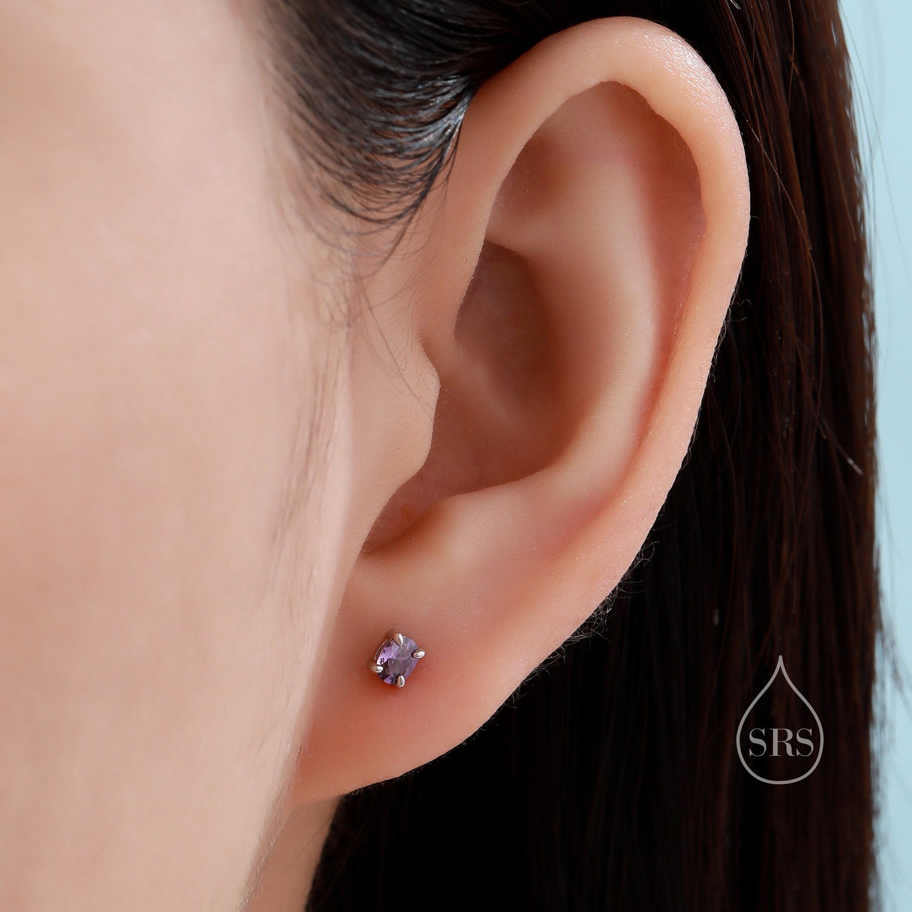 Very Tiny Amethyst Purple Oval CZ Stud Earrings in Sterling Silver, Silver or Gold, Oval Cut Crystal Earrings, February Birthstone