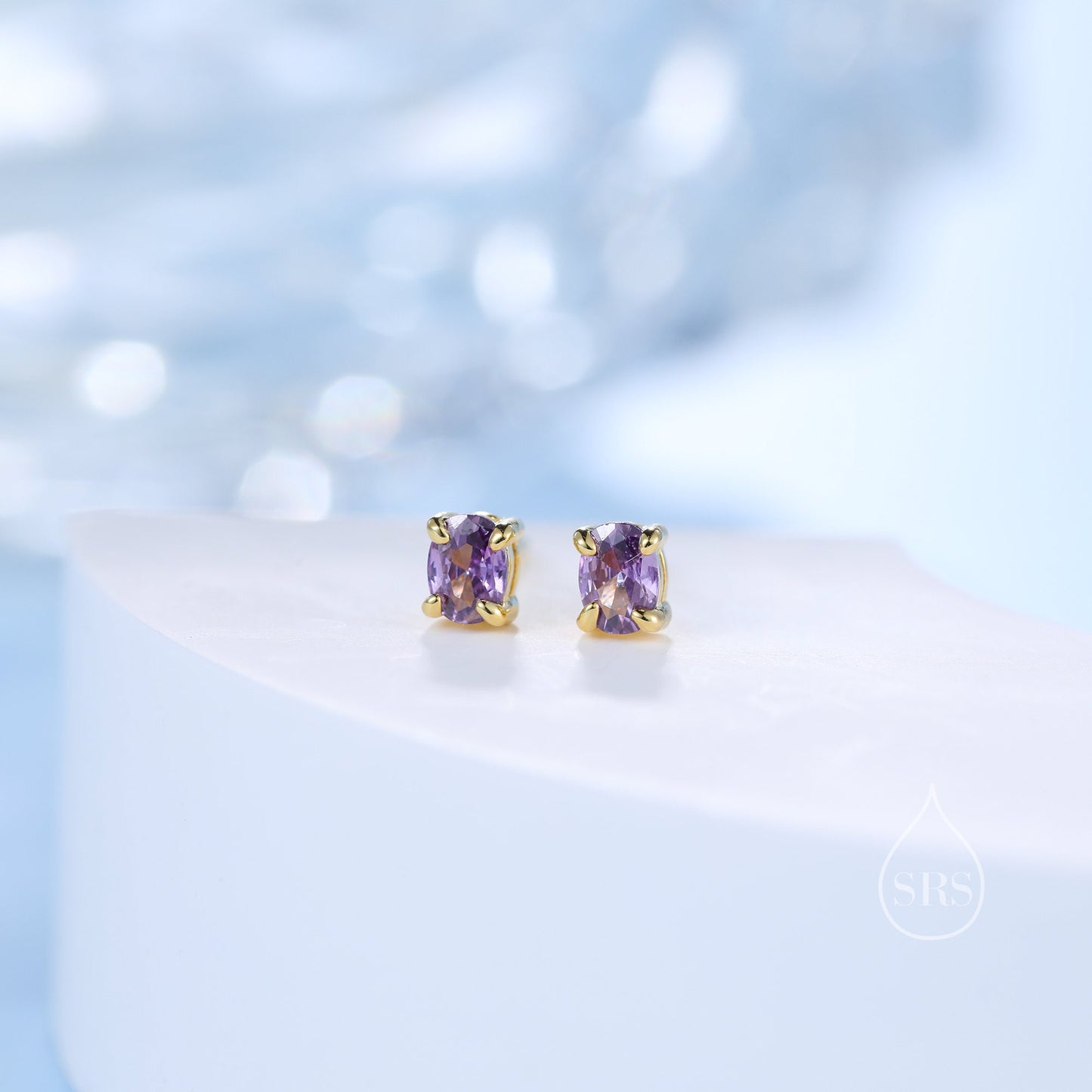 Very Tiny Amethyst Purple Oval CZ Stud Earrings in Sterling Silver,  Silver or Gold, Oval Cut Crystal Earrings, February Birthstone