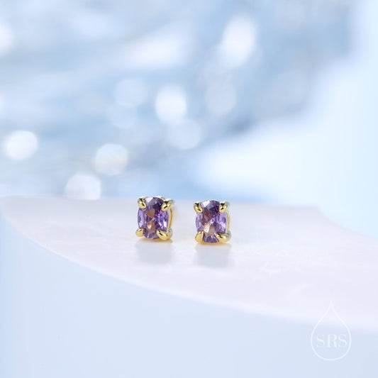 Very Tiny Amethyst Purple Oval CZ Stud Earrings in Sterling Silver,  Silver or Gold, Oval Cut Crystal Earrings, February Birthstone