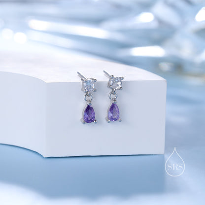 Tiny Amethyst Purple CZ Dangle Stud Earrings in Sterling Silver with Round and Droplet CZ, Silver or Gold, Two CZ Prong Set Earrings