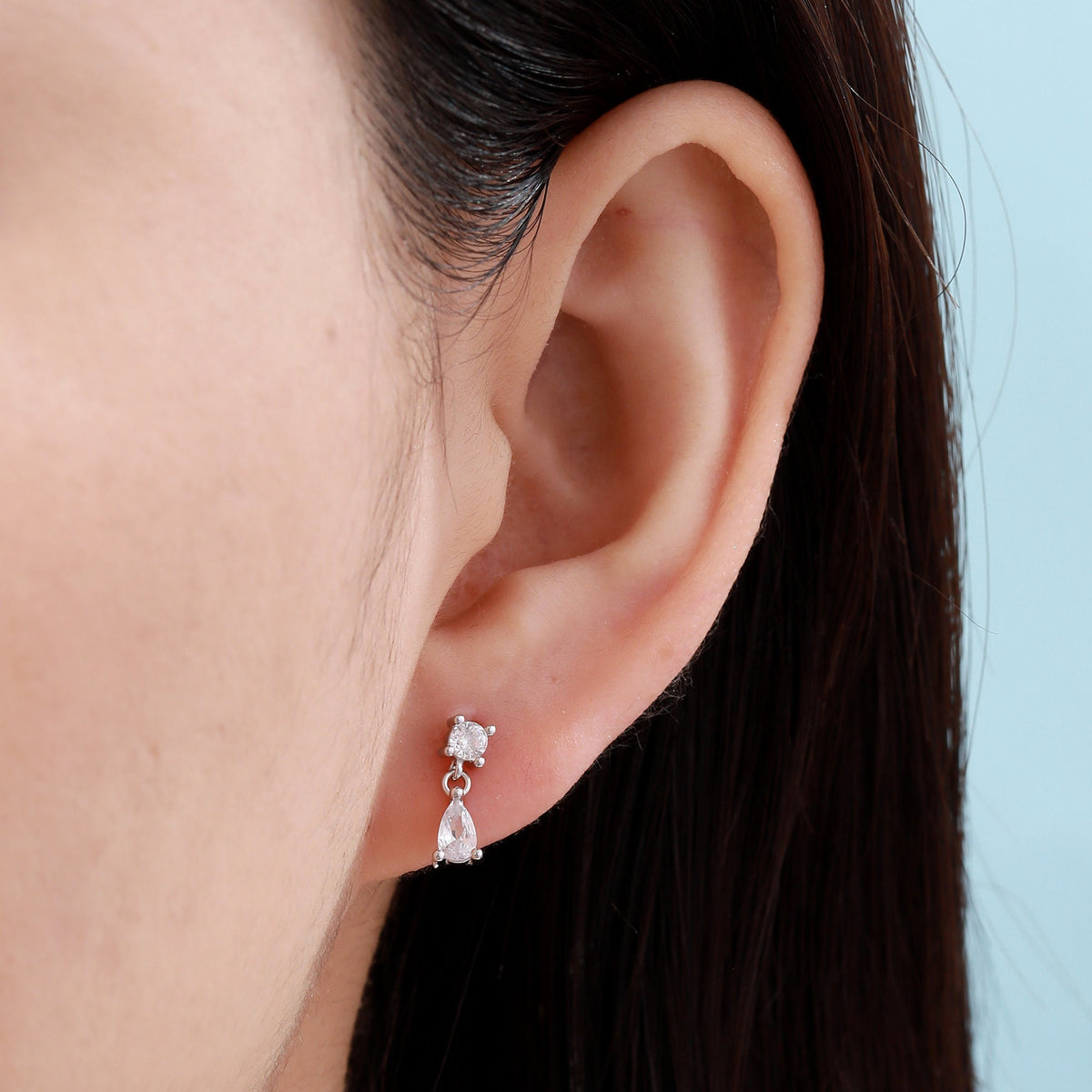 Tiny Sapphire Blue CZ Dangle Stud Earrings in Sterling Silver with Round and Droplet CZ, Silver or Gold, Two CZ Prong Set Earrings
