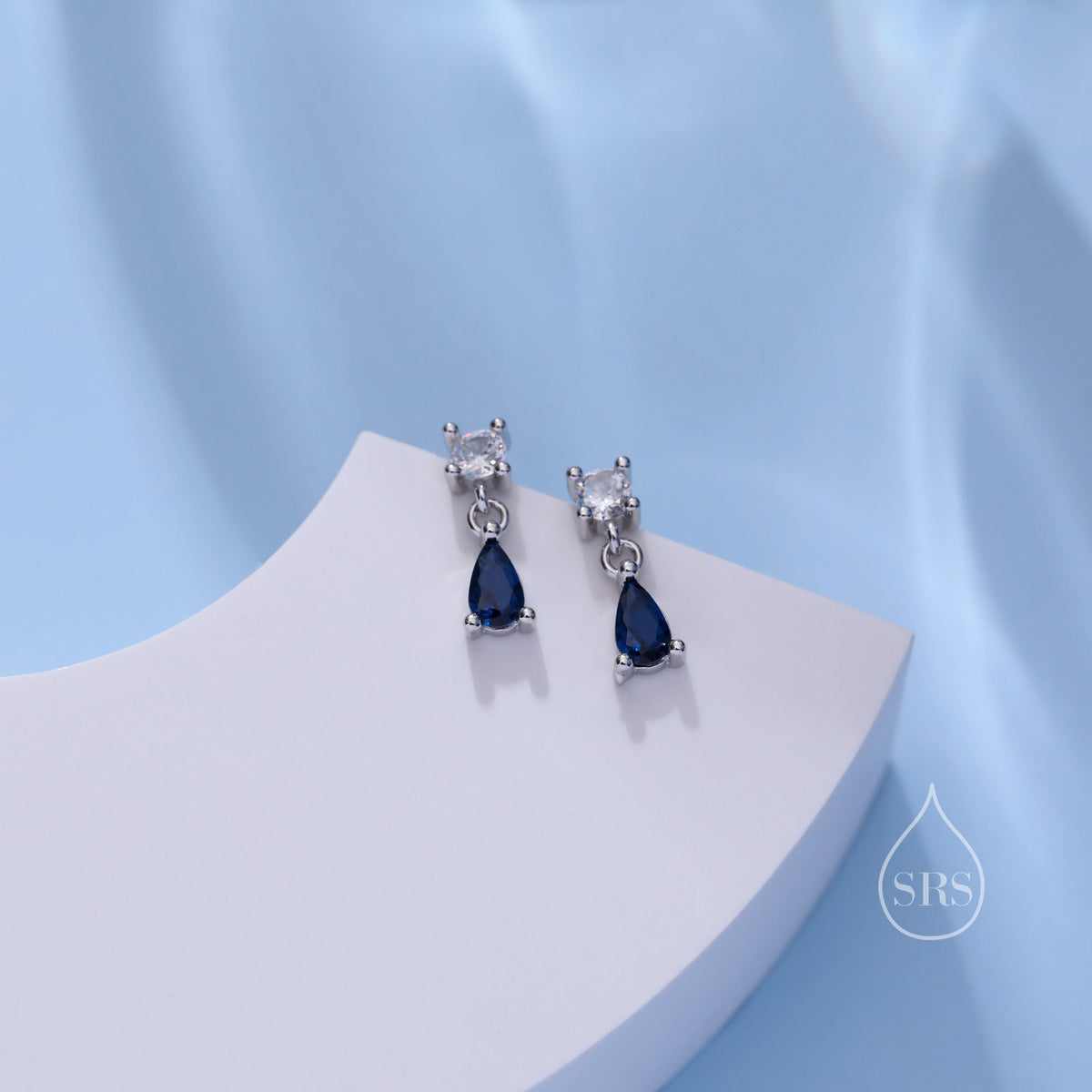 Tiny Sapphire Blue CZ Dangle Stud Earrings in Sterling Silver with Round and Droplet CZ, Silver or Gold, Two CZ Prong Set Earrings