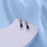 Tiny Sapphire Blue CZ Dangle Stud Earrings in Sterling Silver with Round and Droplet CZ, Silver or Gold, Two CZ Prong Set Earrings