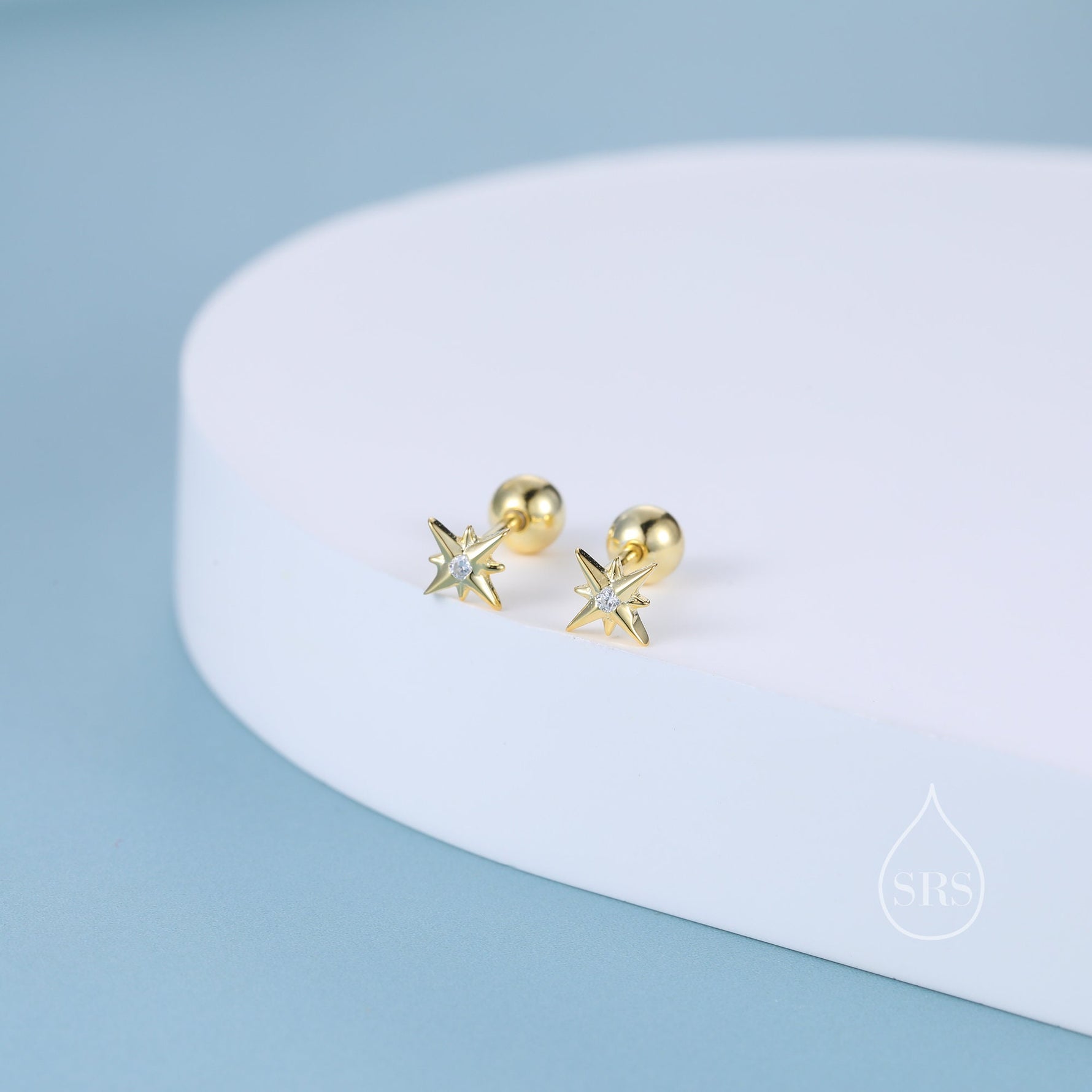 Tiny CZ Starburst 18G Screw Back Earrings in Sterling Silver