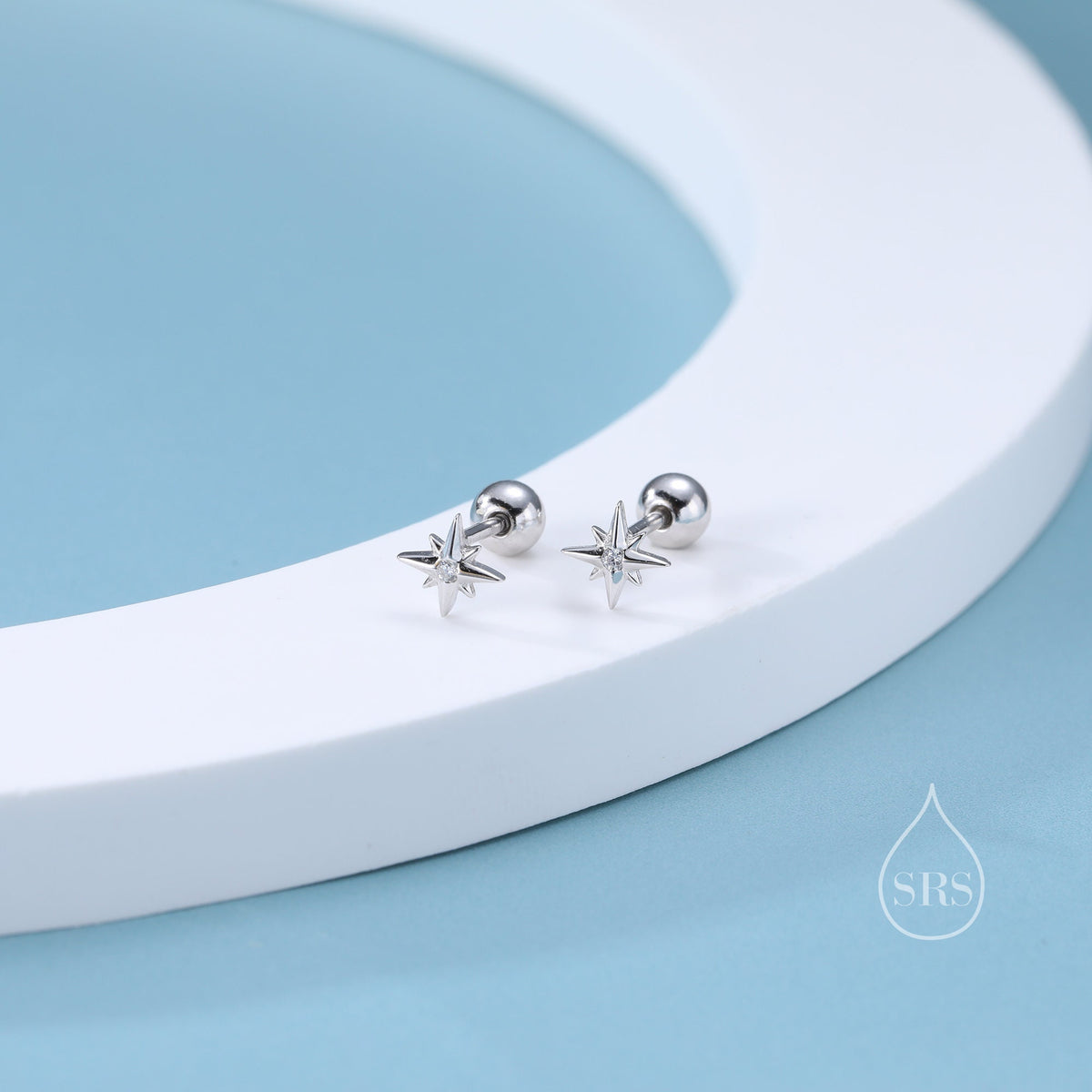 Tiny CZ Starburst 18G Screw Back Earrings in Sterling Silver