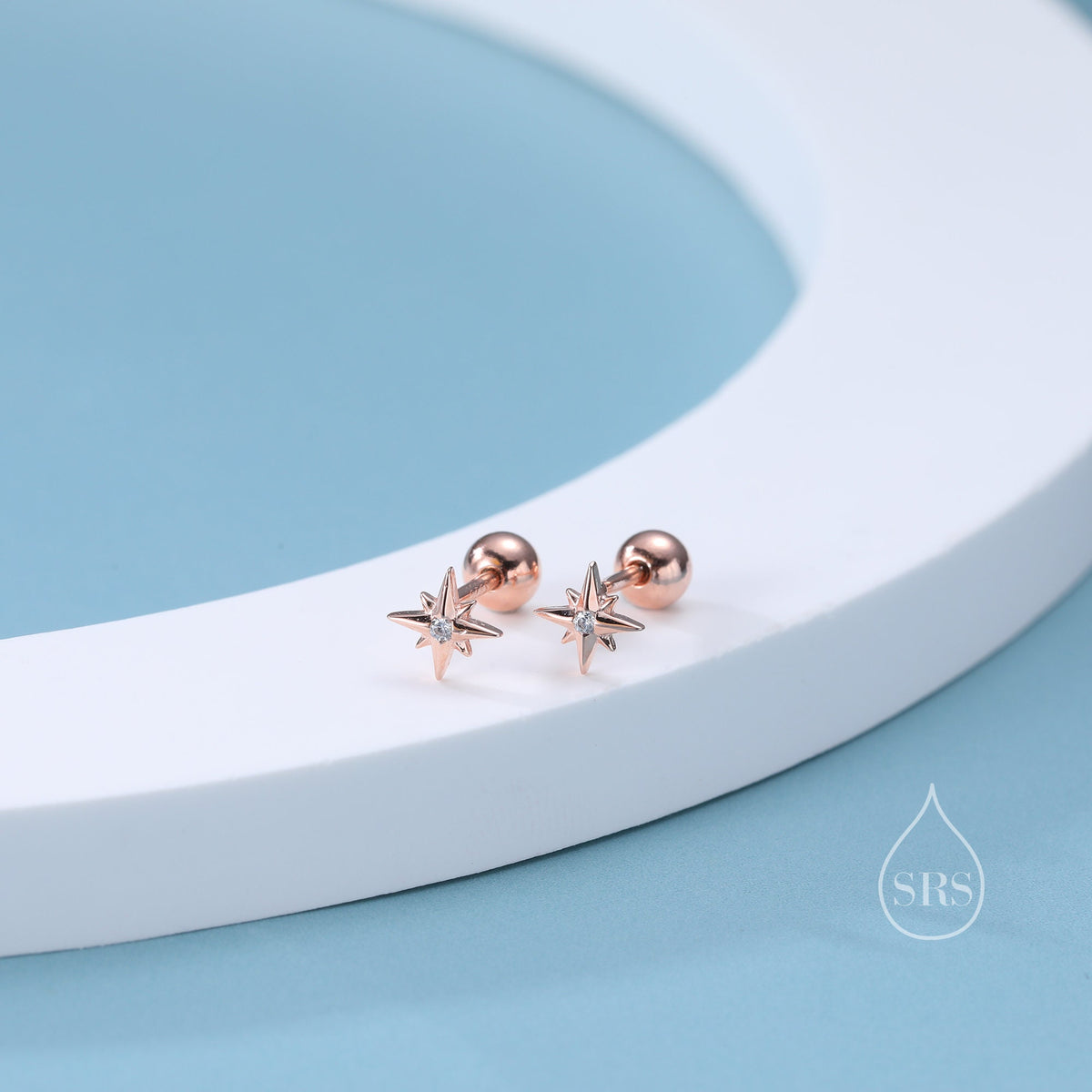 Tiny CZ Starburst 18G Screw Back Earrings in Sterling Silver
