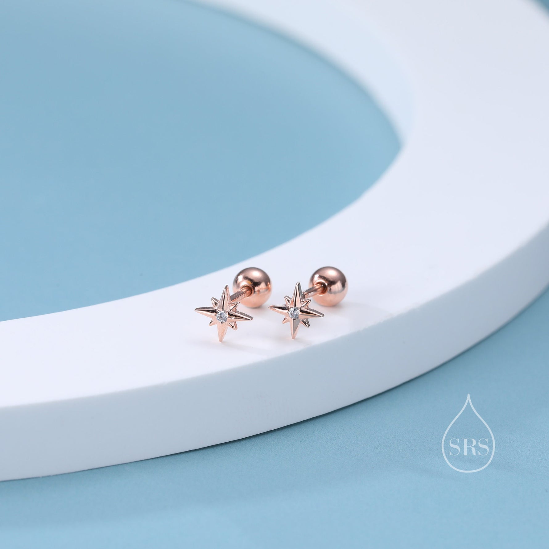 Tiny CZ Starburst 18G Screw Back Earrings in Sterling Silver