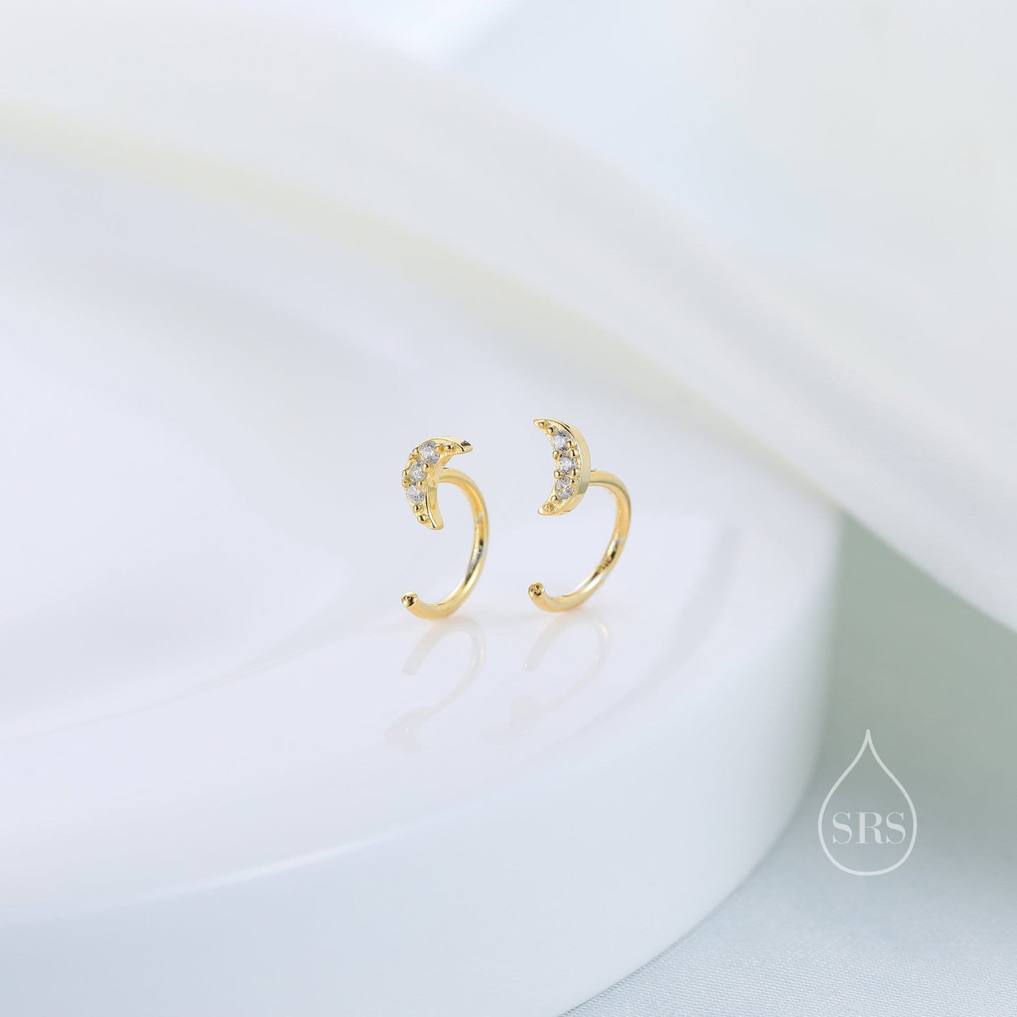 Extra Tiny CZ Moon Huggie Hoop Earrings in Sterling Silver, Silver, Gold or Rose Gold, Open Threader, Threader Hoop