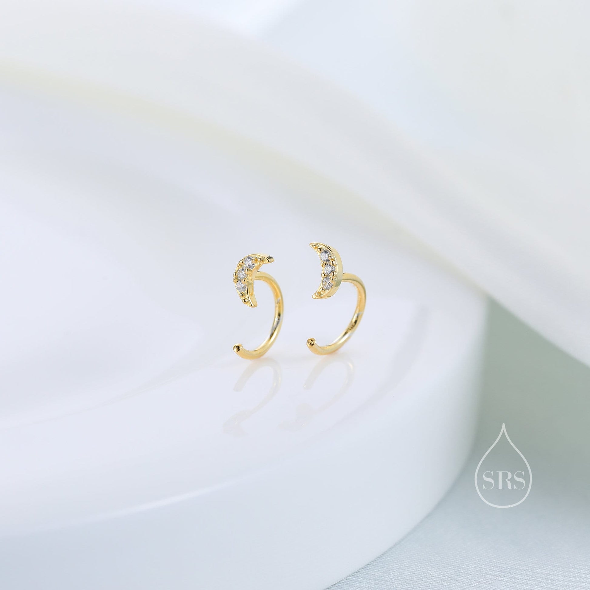 Extra Tiny CZ Moon Huggie Hoop Earrings in Sterling Silver, Silver, Gold or Rose Gold, Open Threader, Threader Hoop