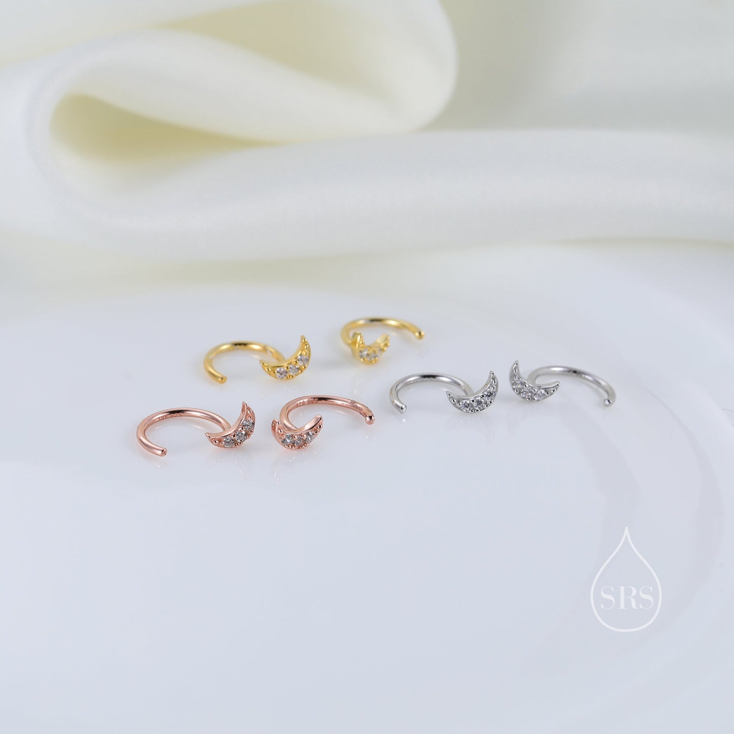 Extra Tiny CZ Moon Huggie Hoop Earrings in Sterling Silver, Silver, Gold or Rose Gold, Open Threader, Threader Hoop