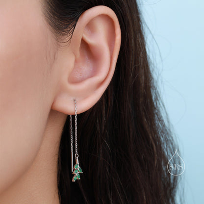 Delicate CZ Leaf Threader Earrings in Sterling Silver, Olive Branch Earrings, Silver or Gold, Clear CZ or Emerald Green, Long Threaders