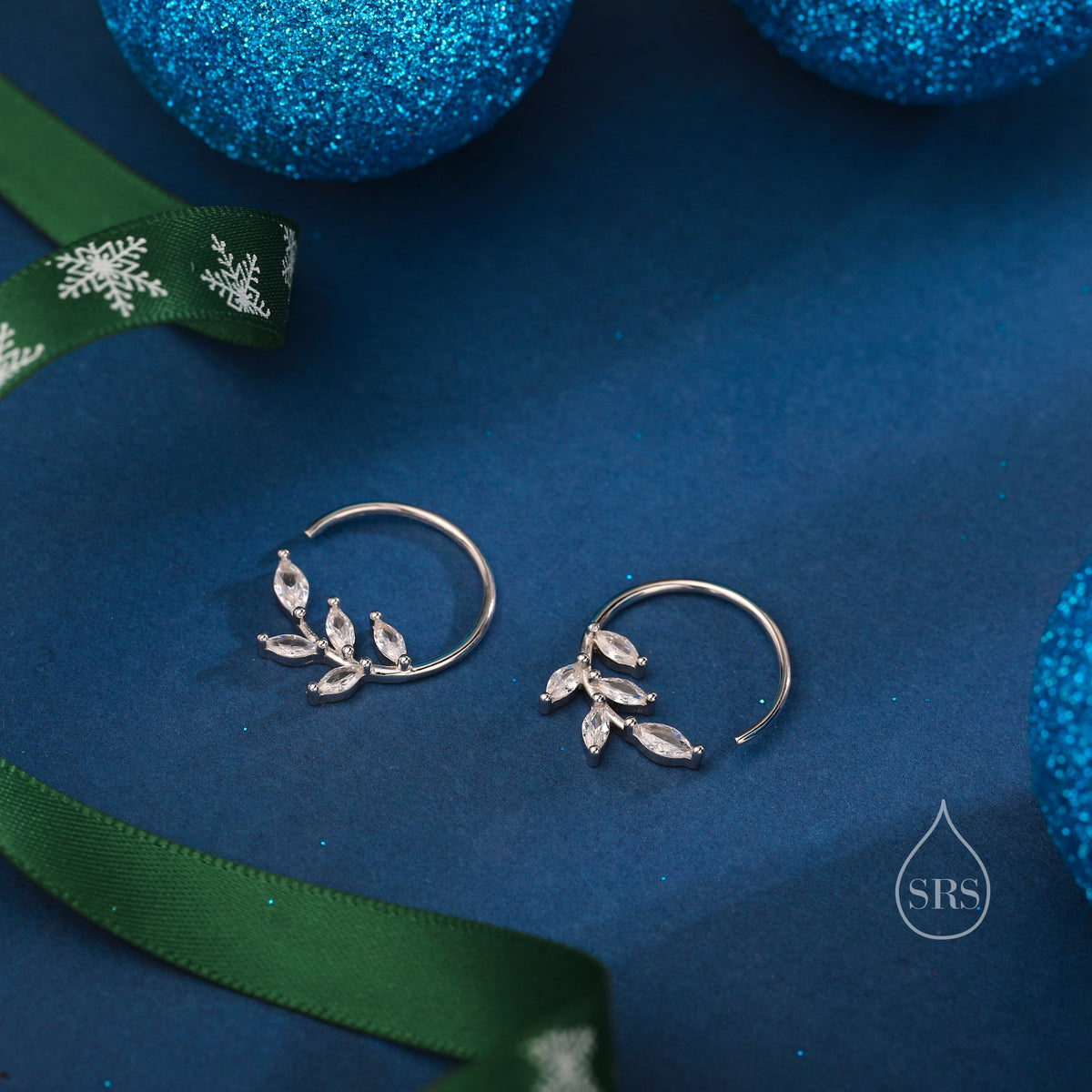 CZ Leaf Open Hoop Earrings in Sterling Silver, Olive Branch Threader Hoop Earrings, Silver or Gold, Clear CZ or Emerald Green, Large Hoops