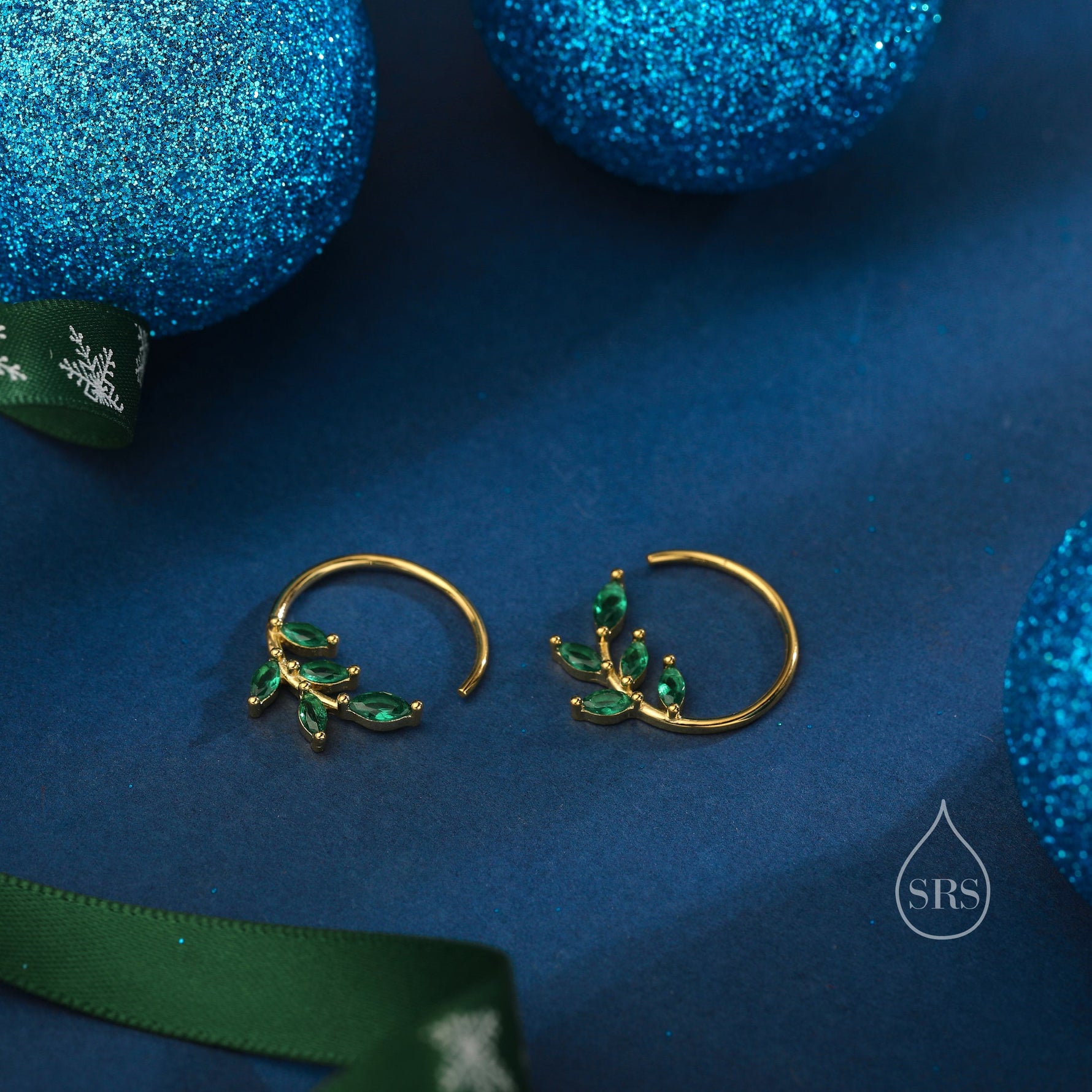 CZ Leaf Open Hoop Earrings in Sterling Silver, Olive Branch Threader Hoop Earrings, Silver or Gold, Clear CZ or Emerald Green, Large Hoops