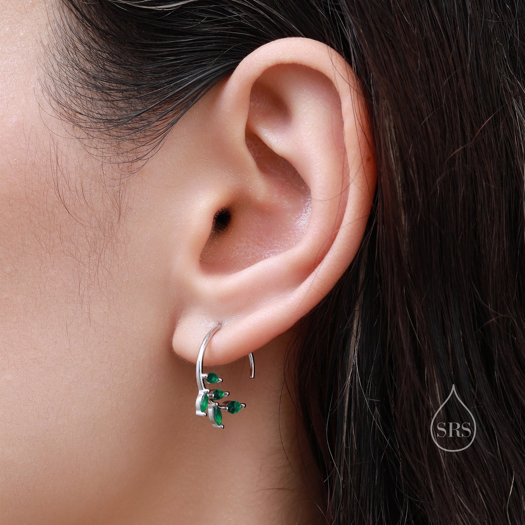 CZ Leaf Open Hoop Earrings in Sterling Silver, Olive Branch Threader Hoop Earrings, Silver or Gold, Clear CZ or Emerald Green, Large Hoops
