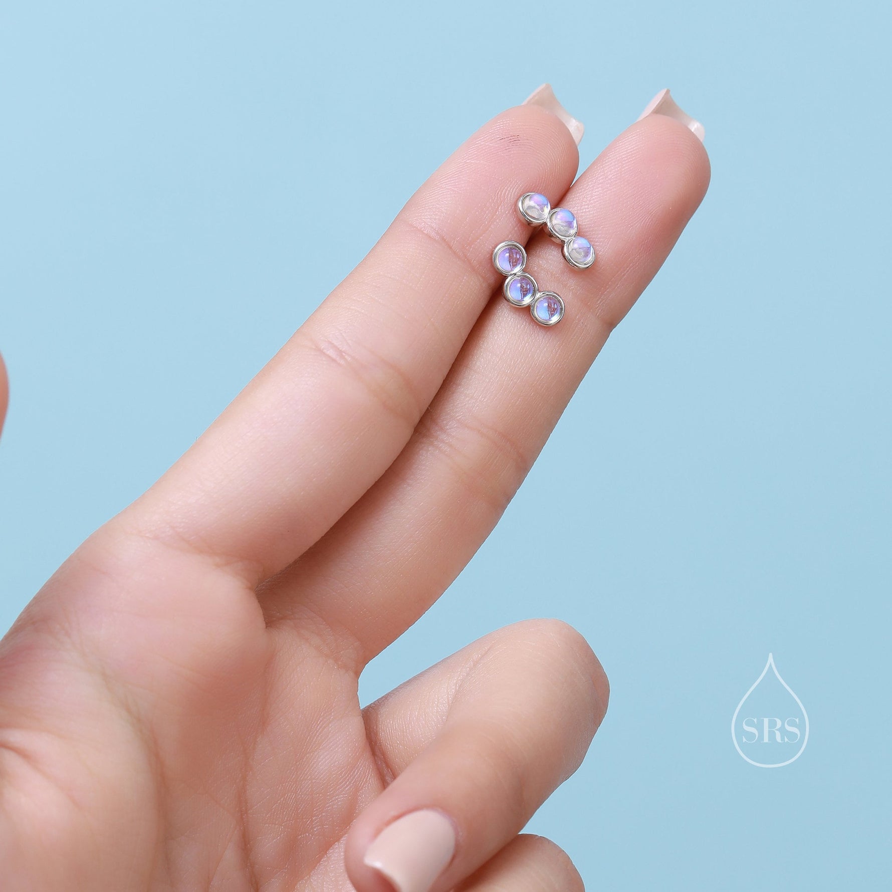 Sterling Silver Moonstone Trio Stud Earrings, Three Moonstone Earrings, Mermaid Colour Earrings, Simulated Moonstone Glass Earrings