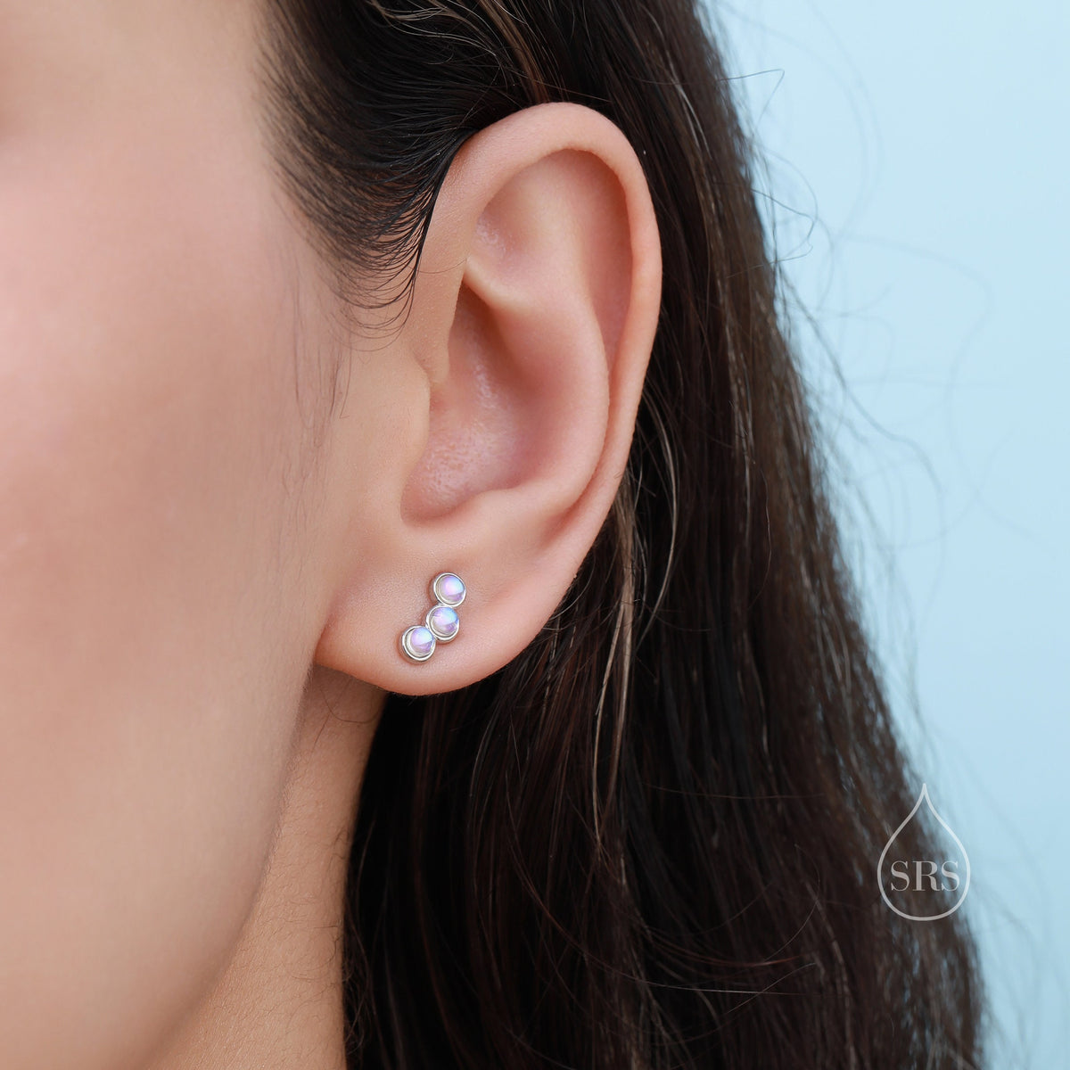 Sterling Silver Moonstone Trio Stud Earrings, Three Moonstone Earrings, Mermaid Colour Earrings, Simulated Moonstone Glass Earrings
