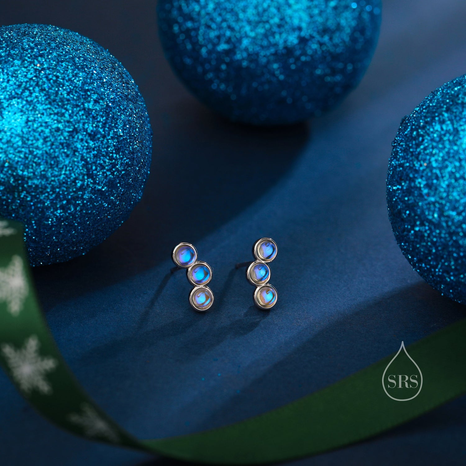 Sterling Silver Moonstone Trio Stud Earrings, Three Moonstone Earrings, Mermaid Colour Earrings, Simulated Moonstone Glass Earrings