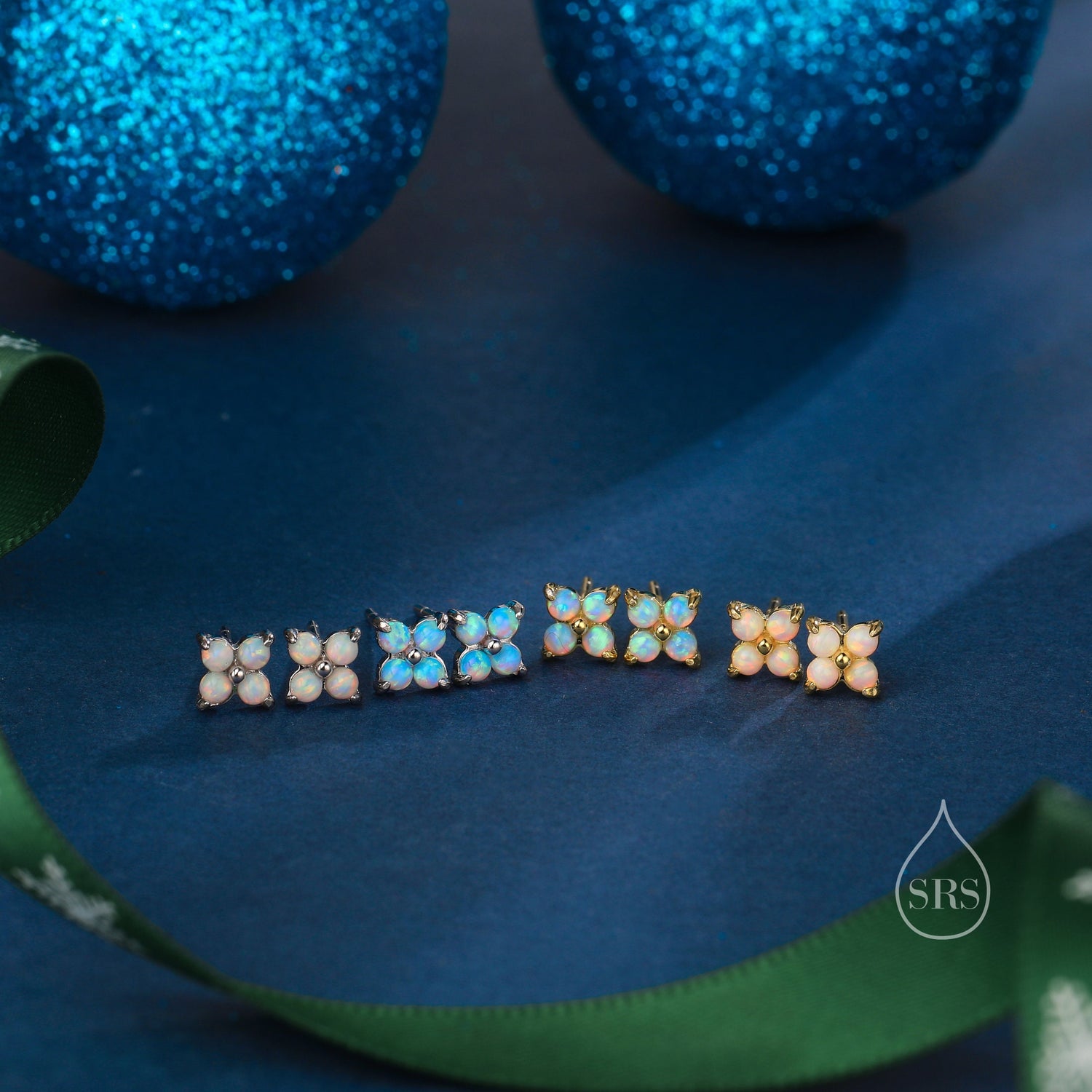 Tiny Opal Hydrangea Flower Stud Earrings in Sterling Silver,  Silver or Gold, Screw Back Available, Blue or White Opal Flower Earrings