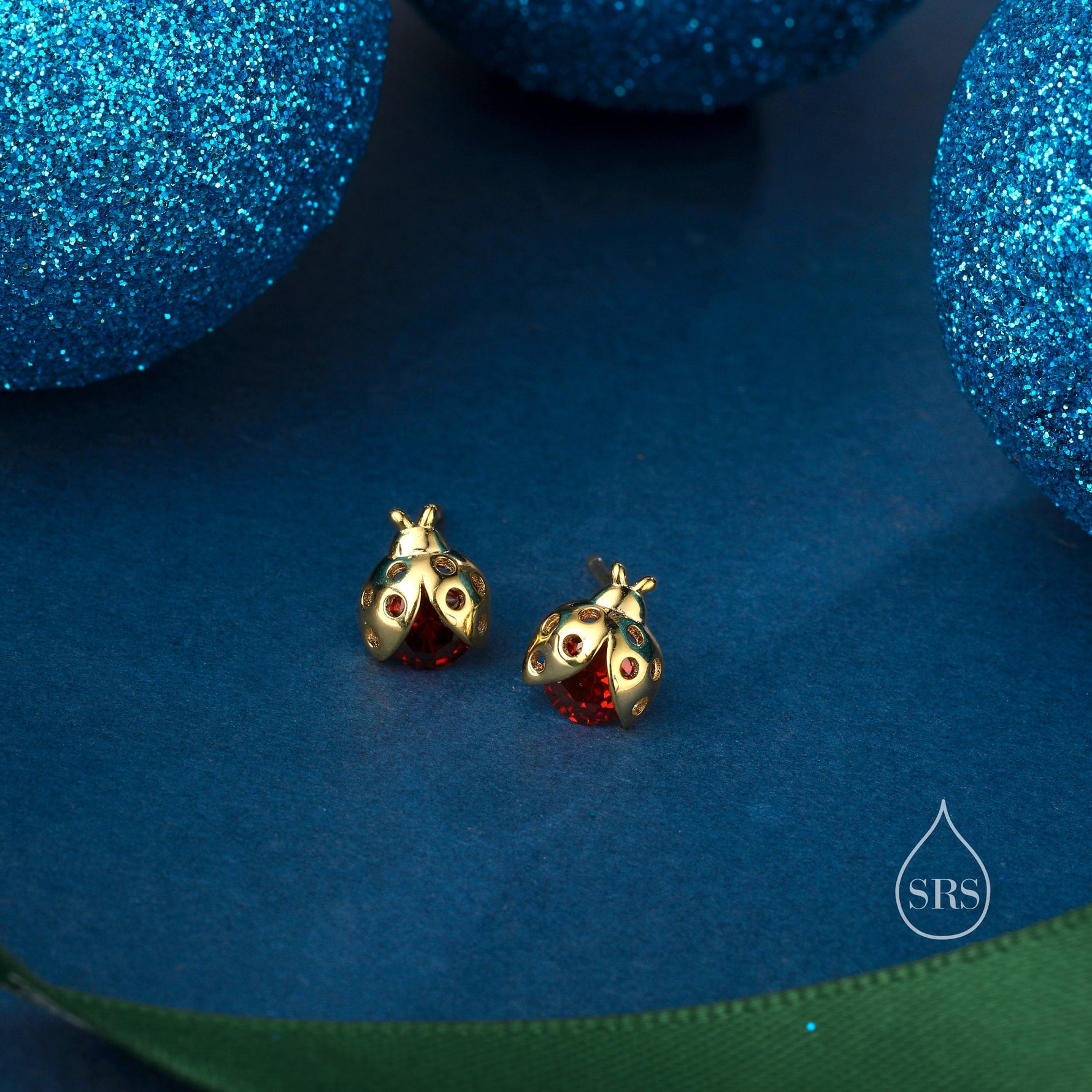 Tiny CZ Labybird Stud Earrings in Sterling Silver, Silver or Gold, Ladybug Earrings, Cute Red Ladybird Earrings