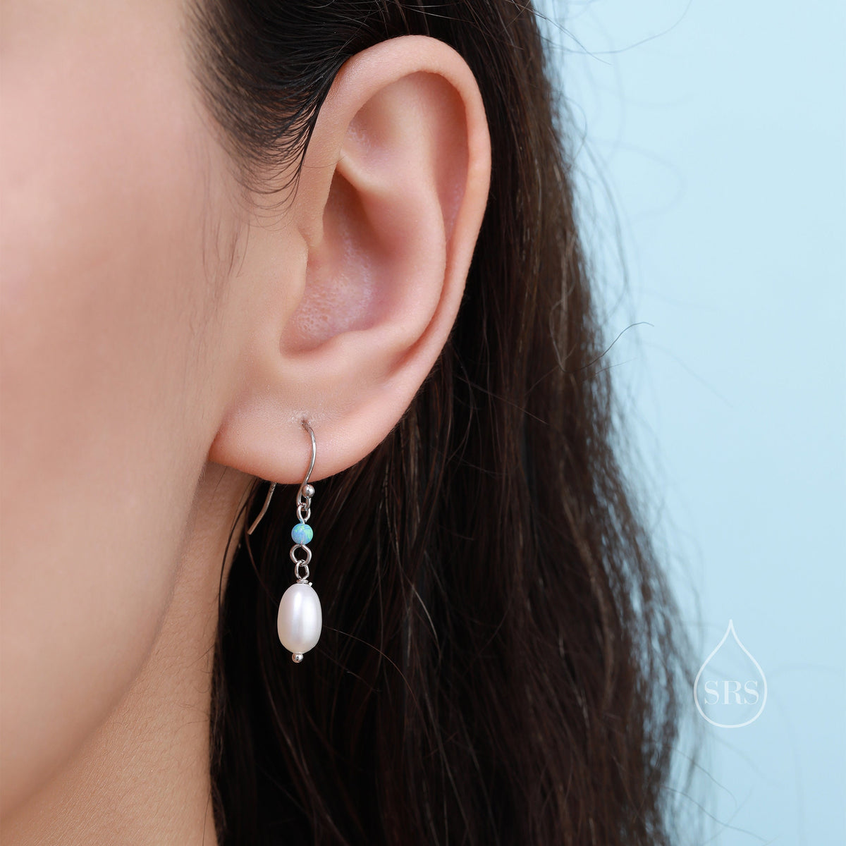 Genuine Freshwater Pearl and Blue Opal Drop Earrings in Sterling Silver, Delicate Keshi Pearl and Opal Earrings, Genuine Freshwater Pearls