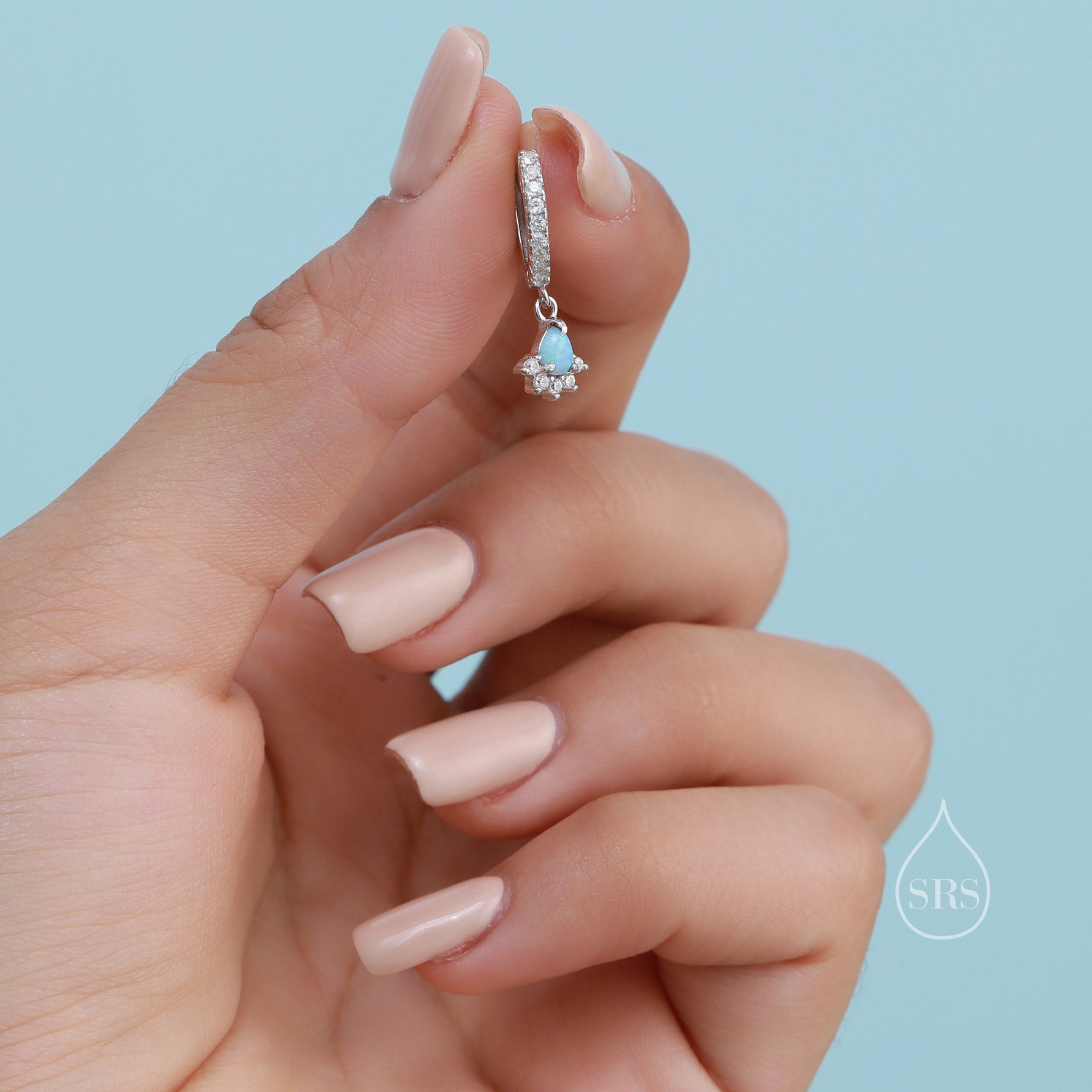 Sterling Silver Opal and CZ Crown Huggie Hoops, CZ Opal Fan Shape Hoop Earrings, Dainty Dangle Earrings, Blue Opal Earrings