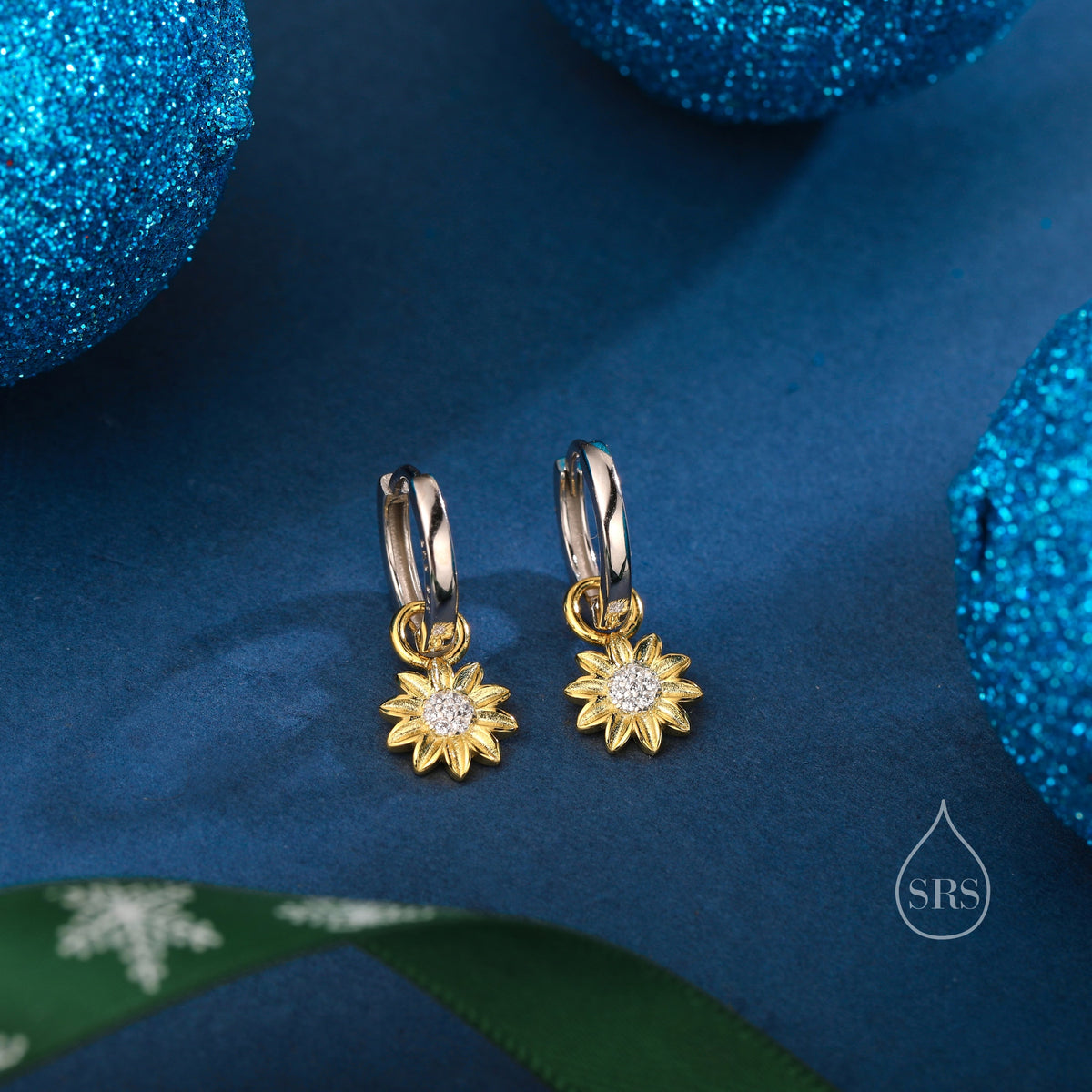 Sterling Silver Sunflower Huggie Hoops, Dainty Dangle Sunflower Earrings, Flower Hoops, Detachable and Interchangeable Hoops