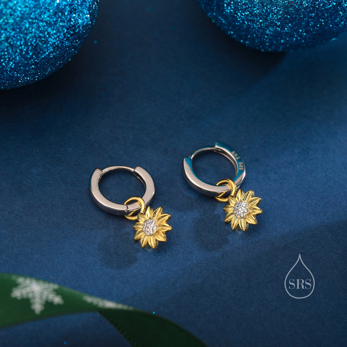Sterling Silver Sunflower Huggie Hoops, Dainty Dangle Sunflower Earrings, Flower Hoops, Detachable and Interchangeable Hoops