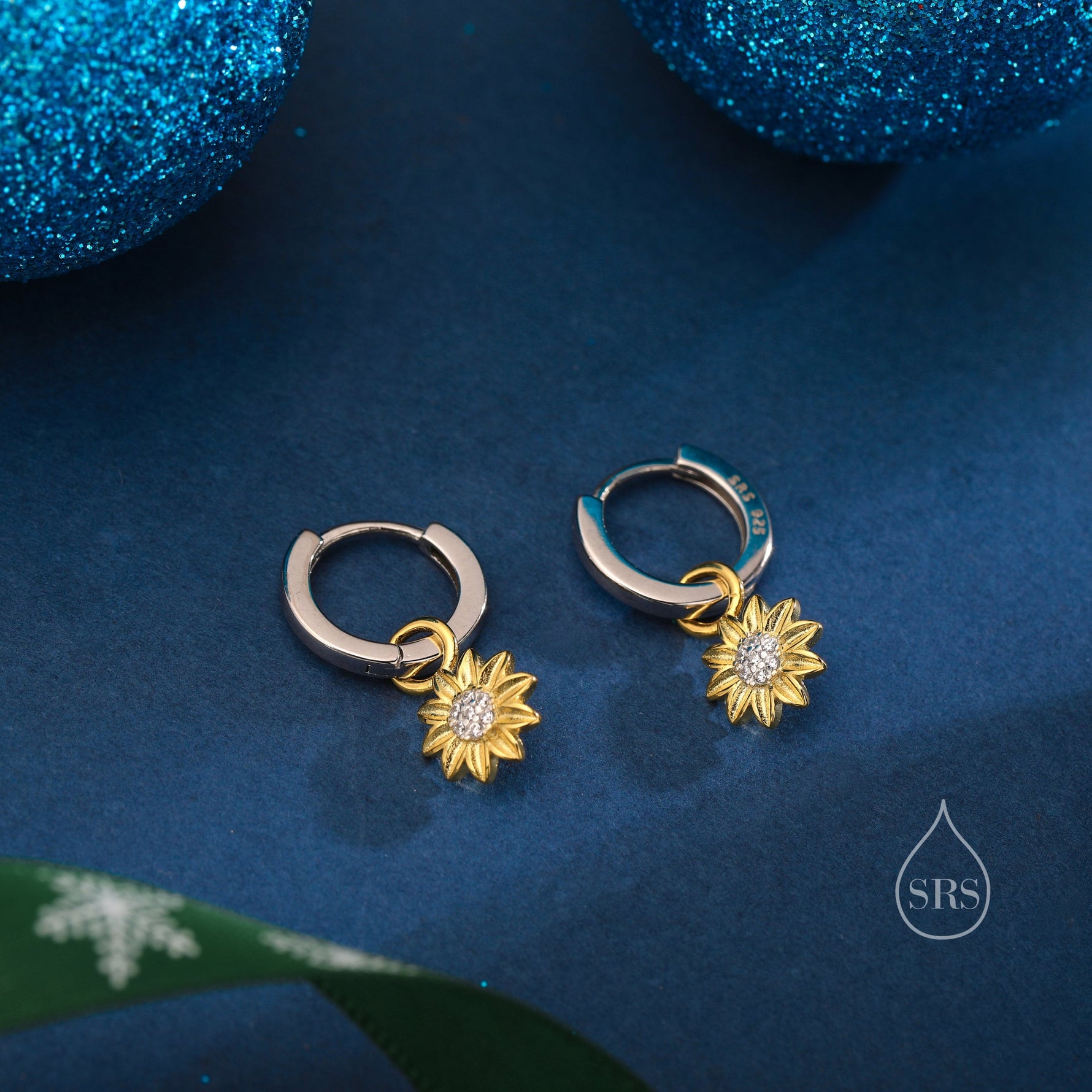 Sterling Silver Sunflower Huggie Hoops, Dainty Dangle Sunflower Earrings, Flower Hoops, Detachable and Interchangeable Hoops