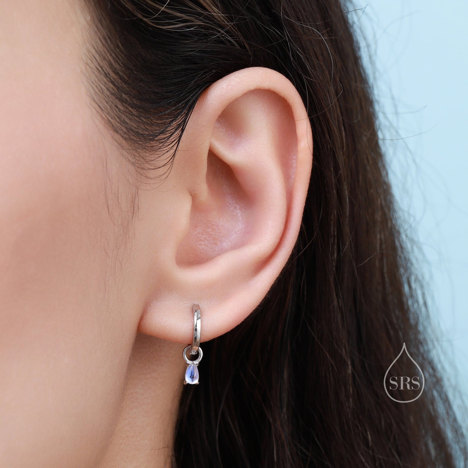 Moonstone Droplet Huggie Hoop Earrings in Sterling Silver,  Prong Set, Simulated Moonstone Hoops, Silver or Gold,  Detachable