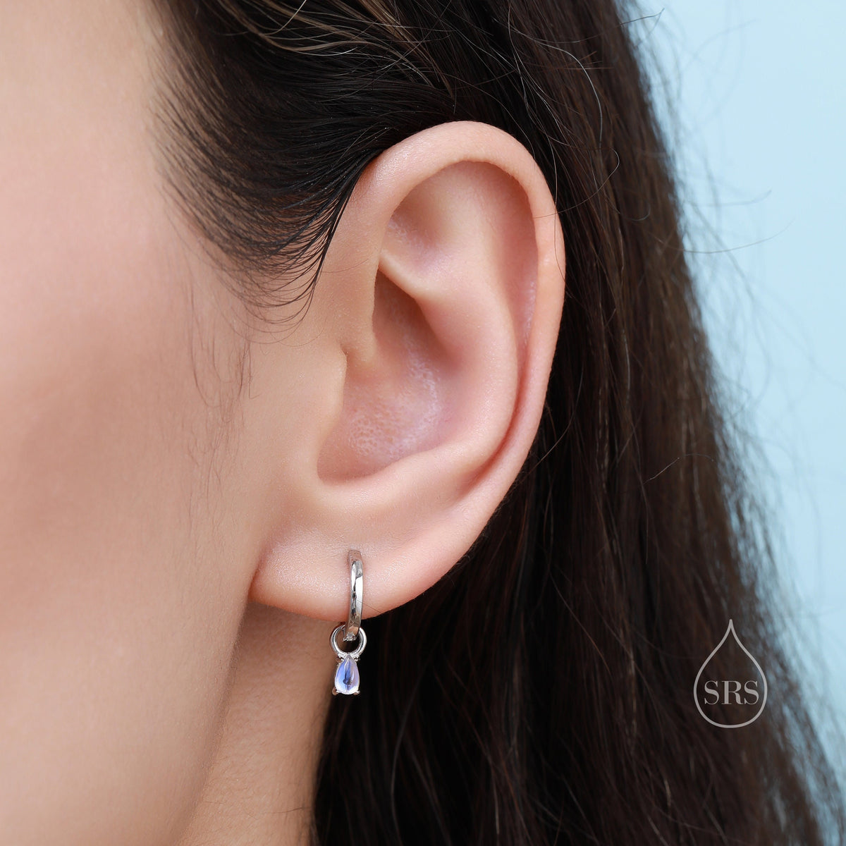 White Opal Droplet Huggie Hoop Earrings in Sterling Silver, Prong Set, Lab Opal Hoops, Silver or Gold, Detachable