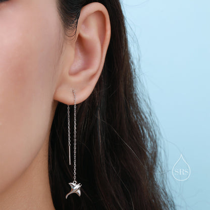 Sterling Silver Manta Ray Fish Long Ear Threaders, Stingray Threader Earrings, Dainty Fish Dangle Earrings