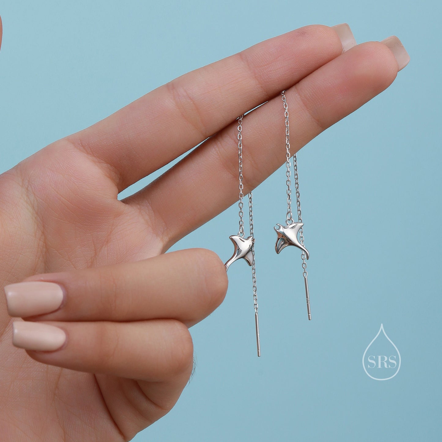 Sterling Silver Manta Ray Fish Long Ear Threaders, Stingray Threader Earrings, Dainty Fish Dangle Earrings